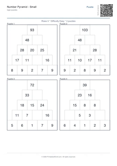 Free printable number pyramid puzzle — 5 rows — PDF download