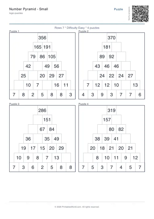 Free printable number pyramid puzzle — 7 rows — PDF download