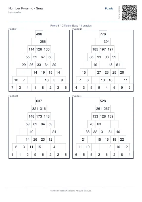 Free printable number pyramid puzzle — 8 rows — PDF download
