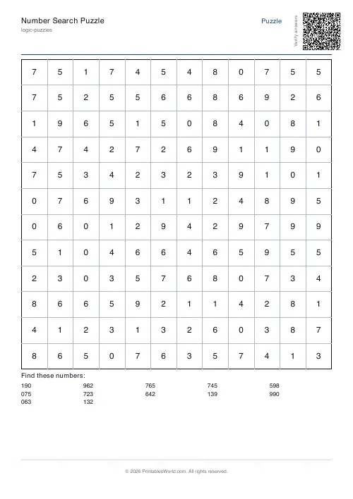 Free printable number search puzzle — 3-digit, with answer key — PDF download