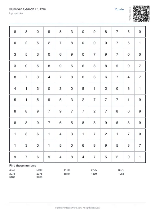 Free printable number search puzzle — 4-digit, with answer key — PDF download
