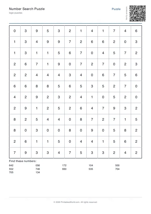 Free printable number search puzzle — 12x12, with answer key — PDF download