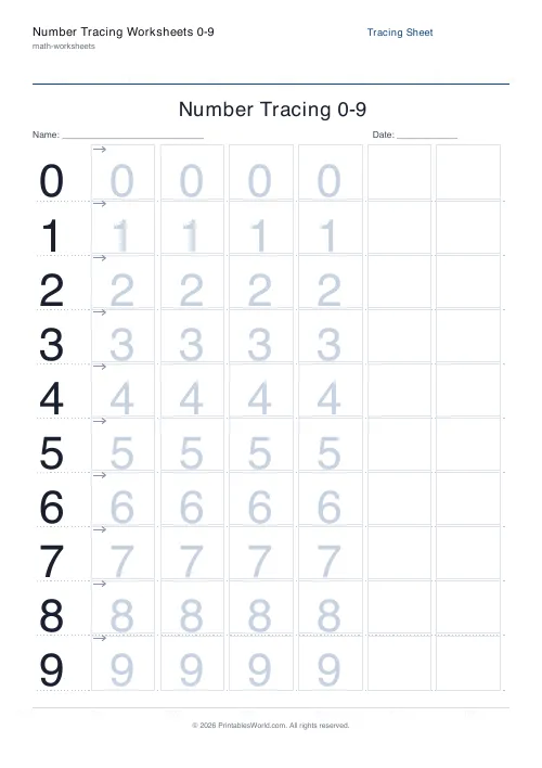 Free printable number tracing 0-9 — With arrows — PDF download