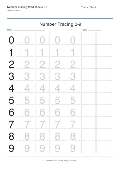 Free printable number tracing 0-9 — No arrows — PDF download