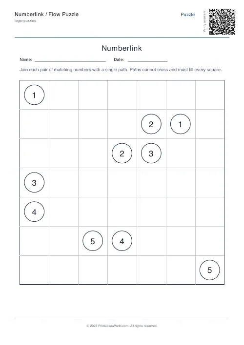 Free printable numberlink flow puzzle (Easy), PDF download