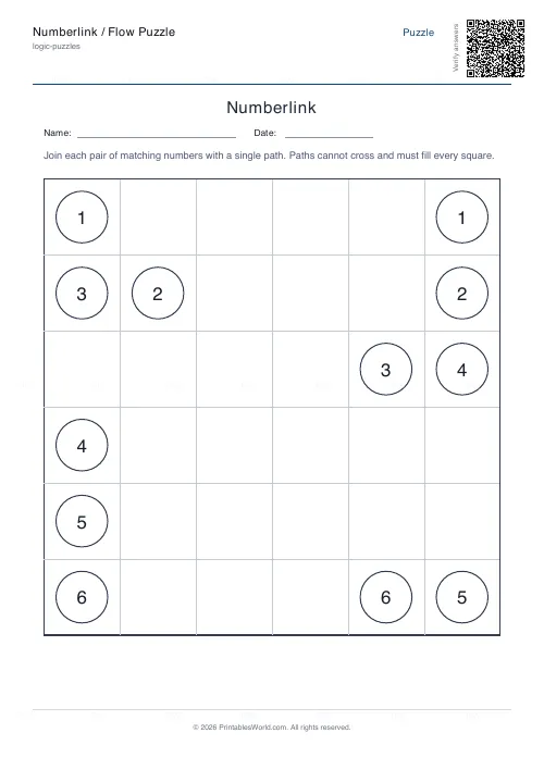 Free printable numberlink flow puzzle (6x6, with answer key), PDF download