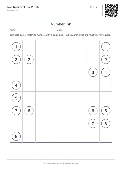 Free printable numberlink flow puzzle (8x8, with answer key), PDF download