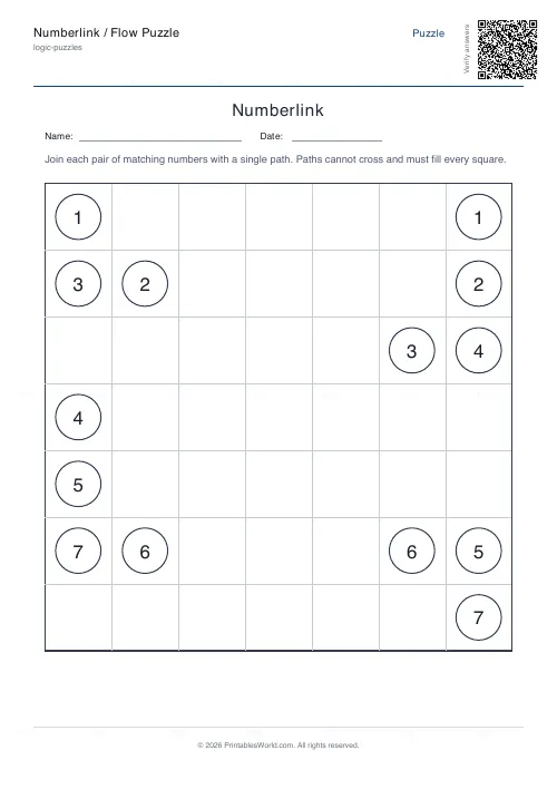 Free printable numberlink flow puzzle (Medium), PDF download