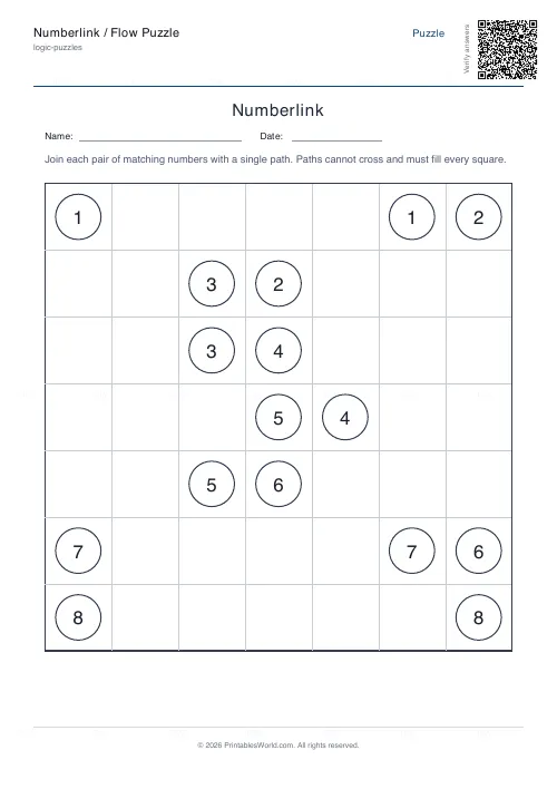 Free printable numberlink flow puzzle (Hard), PDF download