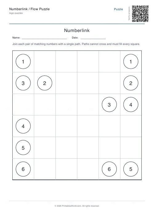 Free printable numberlink flow puzzle (6x6), PDF download