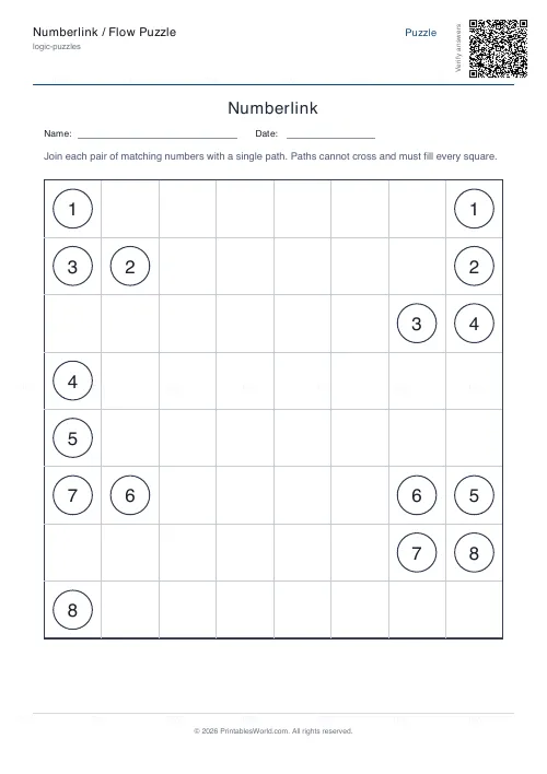 Free printable numberlink flow puzzle (8x8), PDF download
