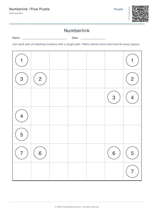 Free printable numberlink flow puzzle (Medium, with answer key), PDF download