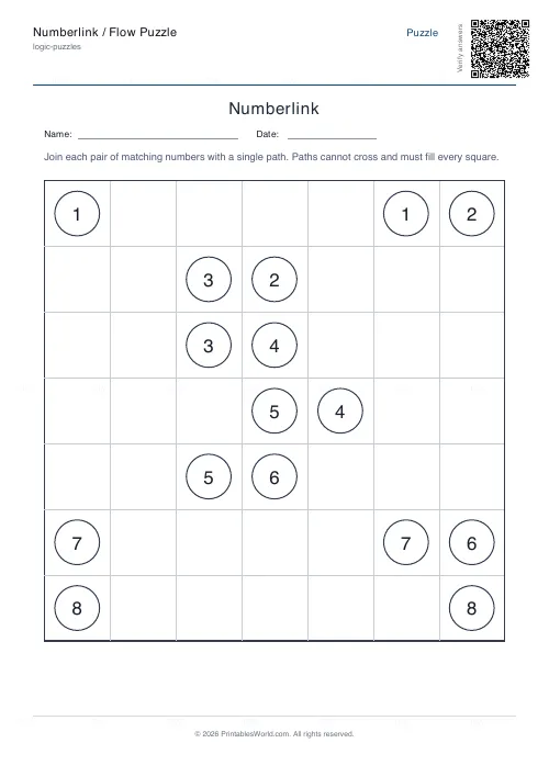 Free printable numberlink flow puzzle (Hard, with answer key), PDF download