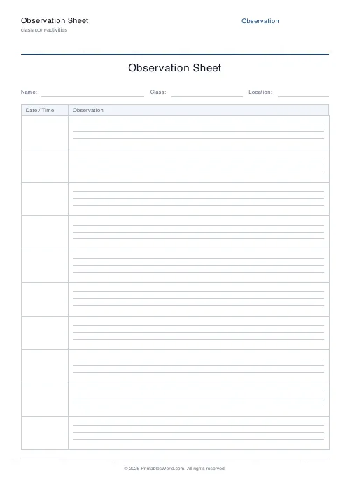 Free printable observation log sheet — Ruled — PDF download