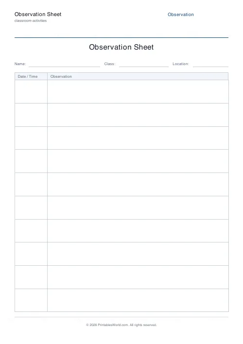 Free printable observation log sheet — Plain — PDF download