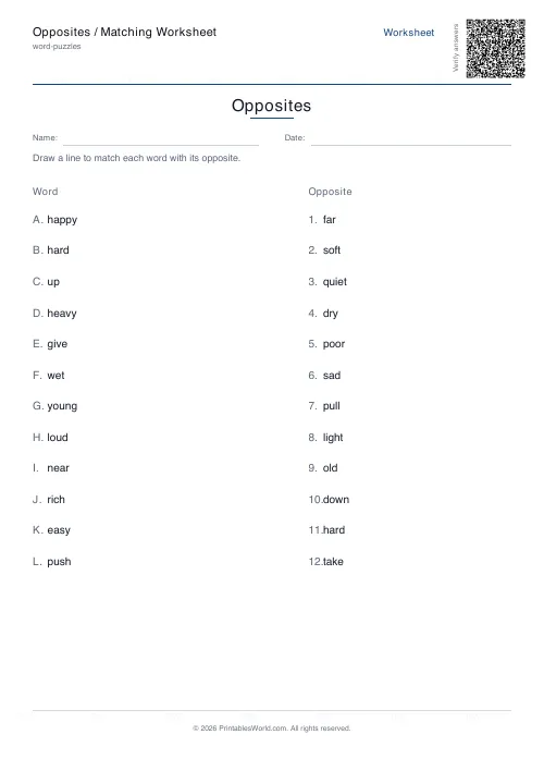 Free printable opposites matching worksheet — 12 pairs, with answer key — PDF download