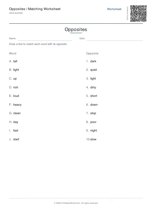 Free printable opposites matching worksheet — A4, with answer key — PDF download