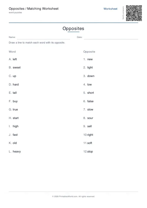 Free printable opposites matching worksheet — 12 pairs — PDF download