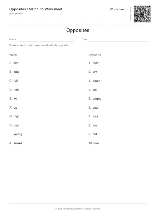 Free printable opposites matching worksheet — A4 — PDF download