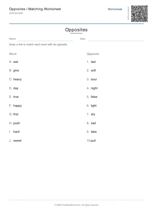 Free printable opposites matching worksheet — US Letter — PDF download