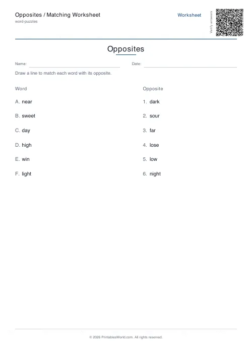 Free printable opposites matching worksheet — 6 pairs, with answer key — PDF download