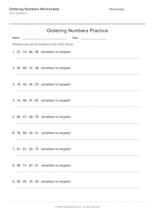 Free printable ordering numbers worksheet (Ascending), PDF download