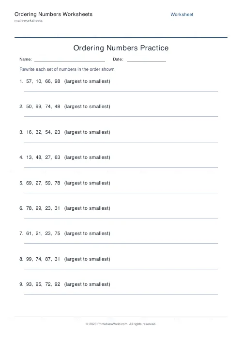 Free printable ordering numbers worksheet (Descending), PDF download
