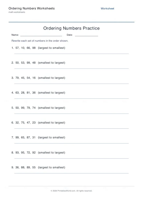 Free printable ordering numbers worksheet (Mixed), PDF download