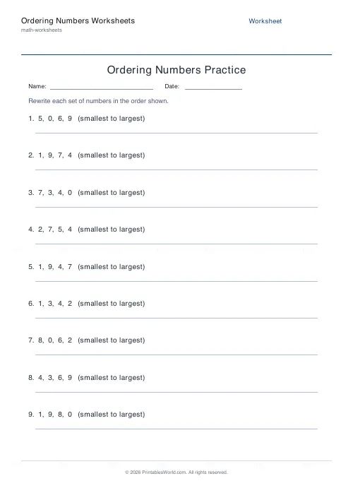 Free printable ordering numbers worksheet (1-digit), PDF download