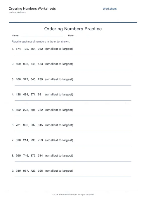 Free printable ordering numbers worksheet (3-digit), PDF download