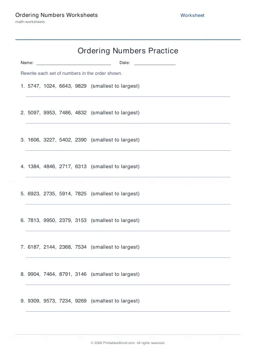 Free printable ordering numbers worksheet (4-digit), PDF download