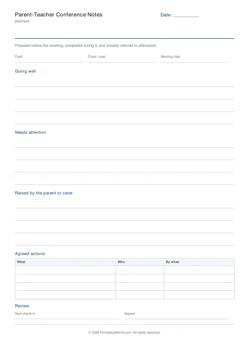 Free printable parent-teacher conference note (No name and date band), PDF download