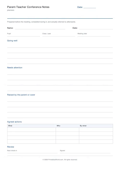 Free printable parent-teacher conference note (With a name and date band), PDF download