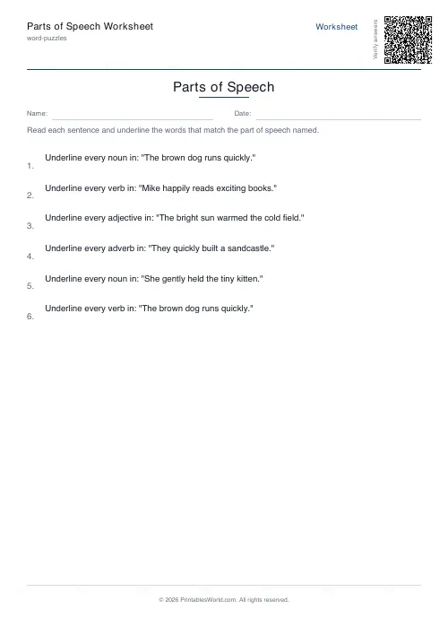 Free printable parts of speech worksheet — 6 sentences — PDF download