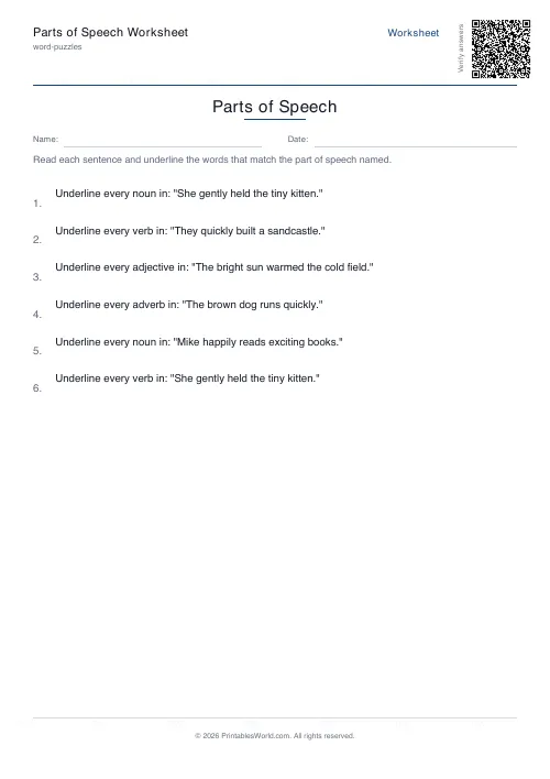 Free printable parts of speech worksheet — 6 sentences, with answer key — PDF download