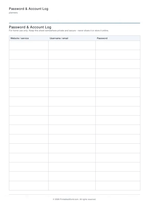 Free printable password & account log — No notes — PDF download