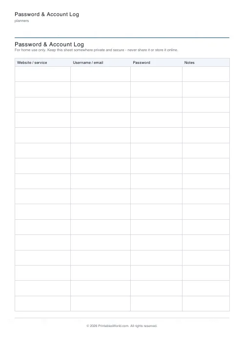 Free printable password & account log — 16 accounts — PDF download