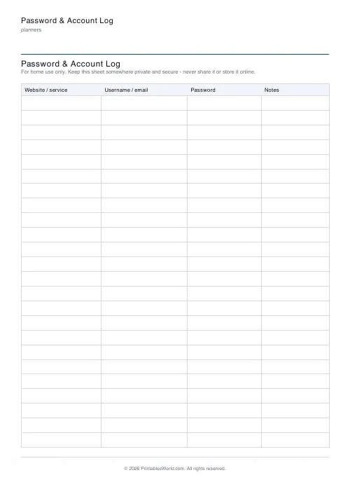 Free printable password & account log — 24 accounts — PDF download