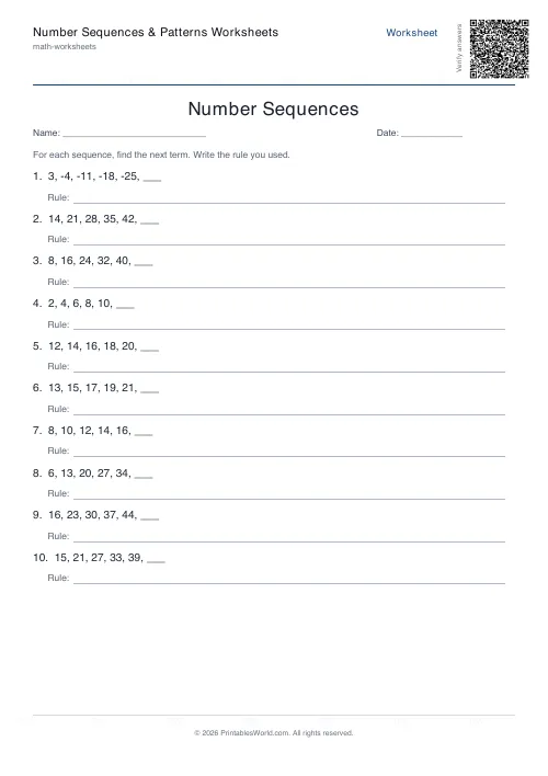 Free printable number sequence patterns worksheet — Arithmetic — PDF download