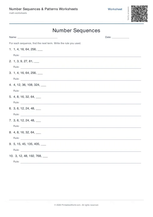 Free printable number sequence patterns worksheet — Geometric — PDF download