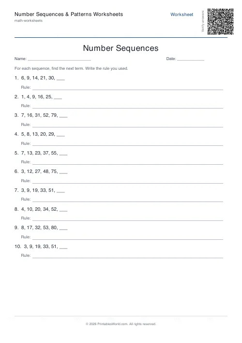 Free printable number sequence patterns worksheet — Quadratic — PDF download