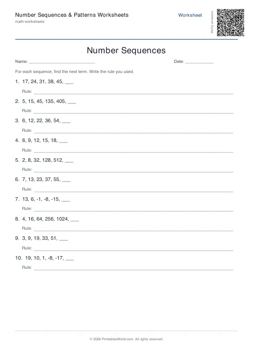 Free printable number sequence patterns worksheet — Mixed — PDF download