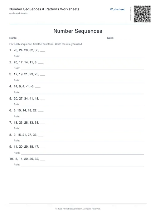 Free printable number sequence patterns worksheet — Arithmetic, with answer key — PDF download