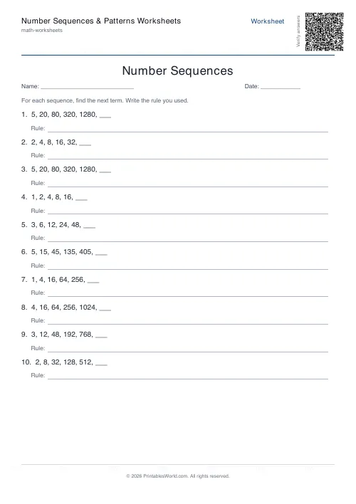 Free printable number sequence patterns worksheet — Geometric, with answer key — PDF download