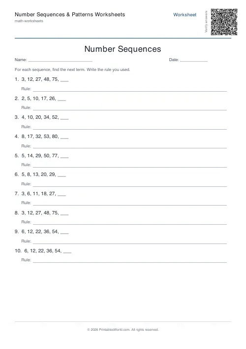 Free printable number sequence patterns worksheet — Quadratic, with answer key — PDF download