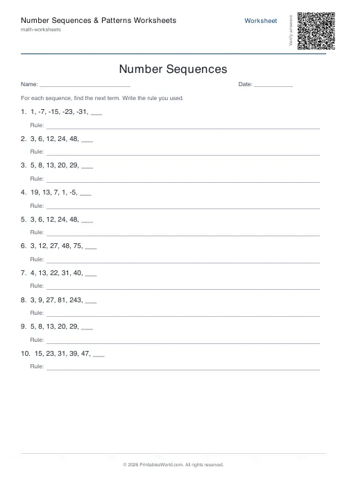 Free printable number sequence patterns worksheet — Mixed, with answer key — PDF download