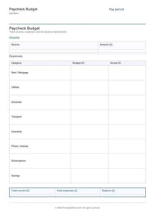 Free printable paycheck budget planner (8 categories), PDF download