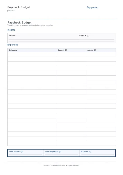 Free printable paycheck budget planner (20 categories), PDF download