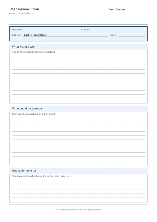 Free printable peer review form — PDF download