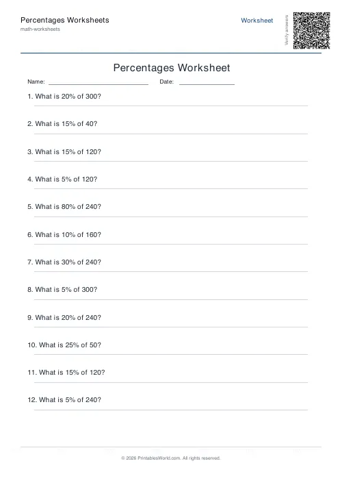 Free printable percentages worksheet — Percent of amount — PDF download
